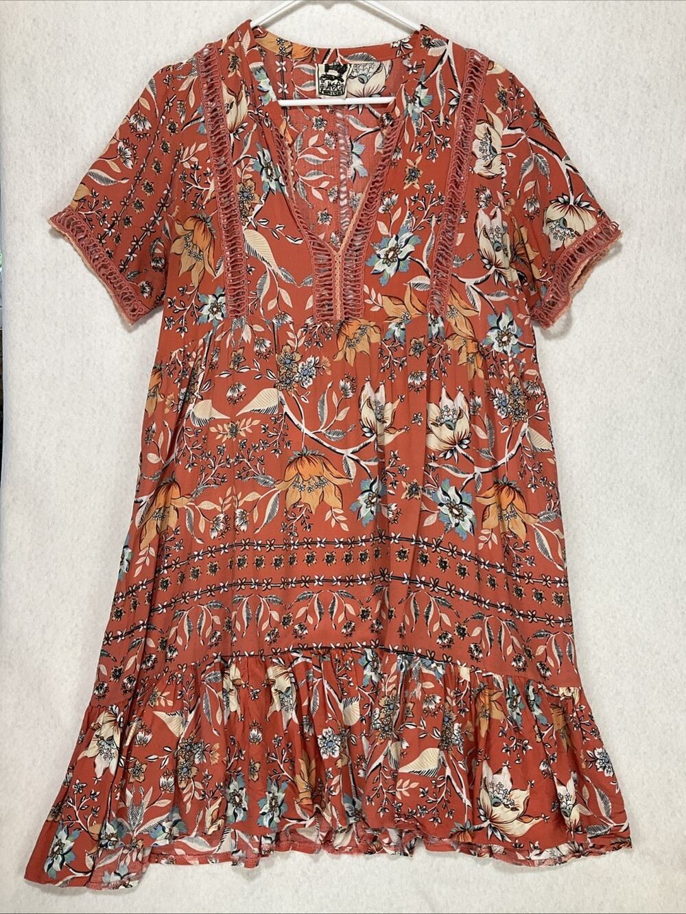 Jaase Coral Floral V-Neck Short Sleeve A-Line Knee Dress Tunic XL Boho Flowy
